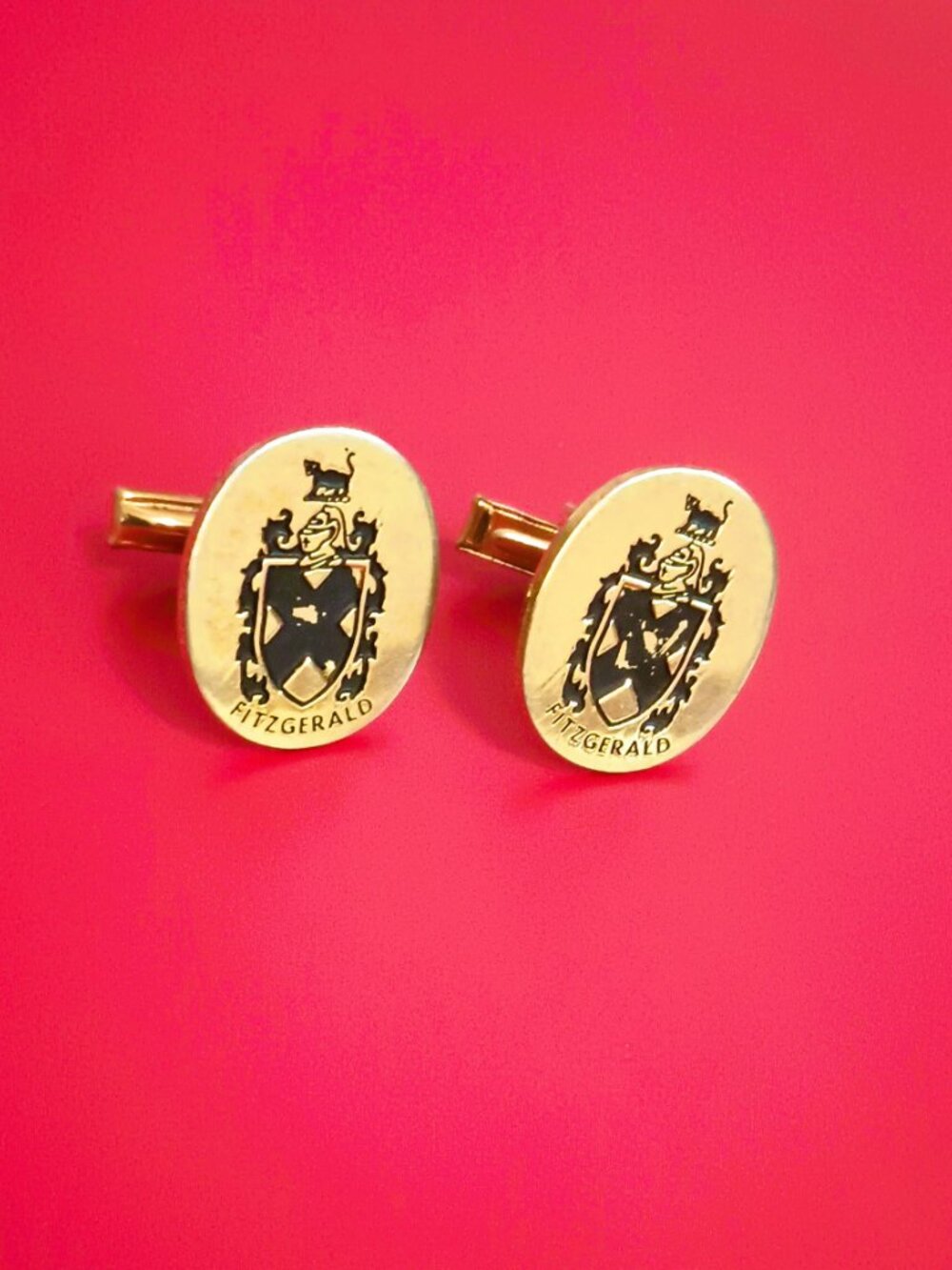 Fitzgerald Coat of Arms Oval Cufflinks Men's Vintage Gold Tone Family Crest
